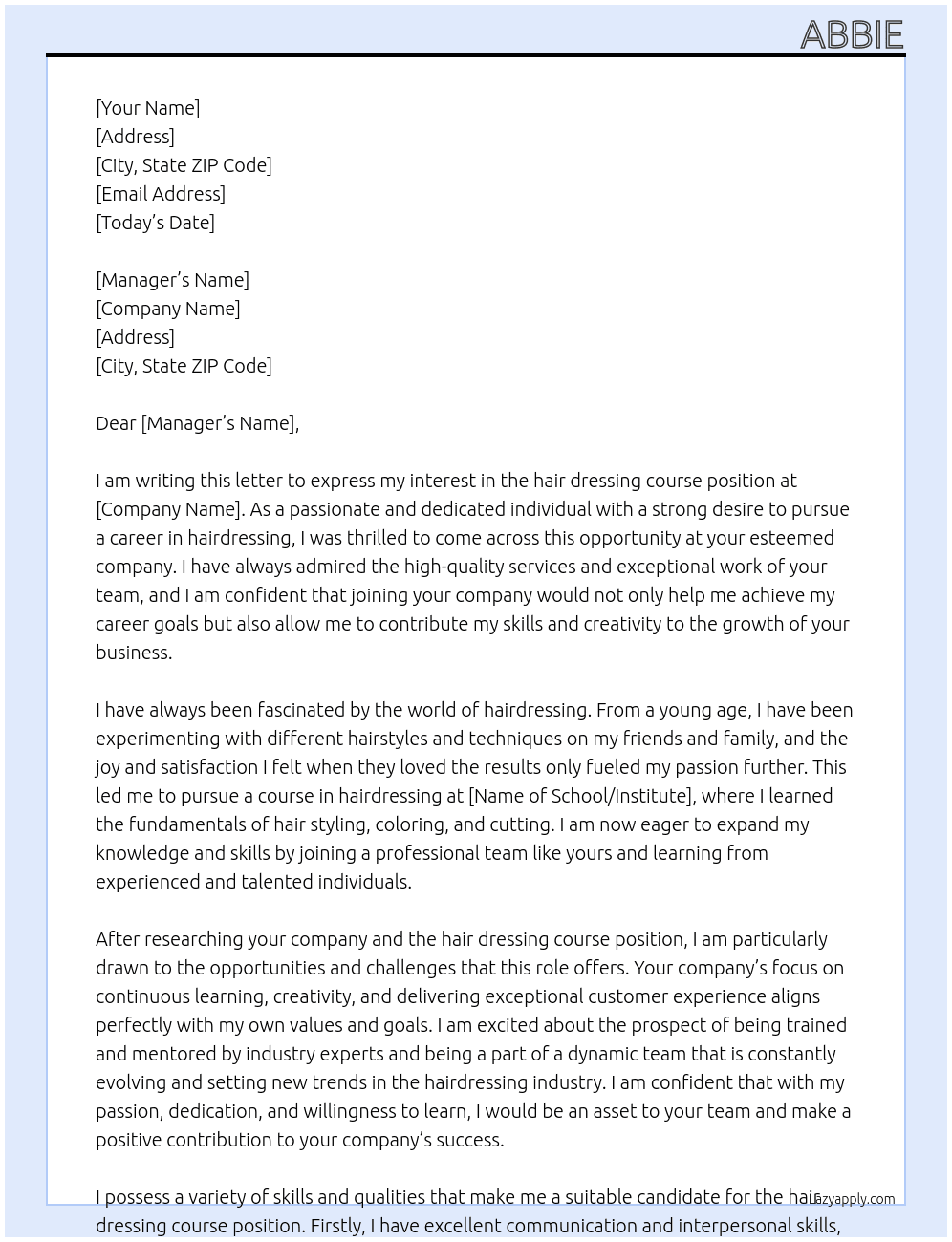 hair dressing course At hair Cover Letter