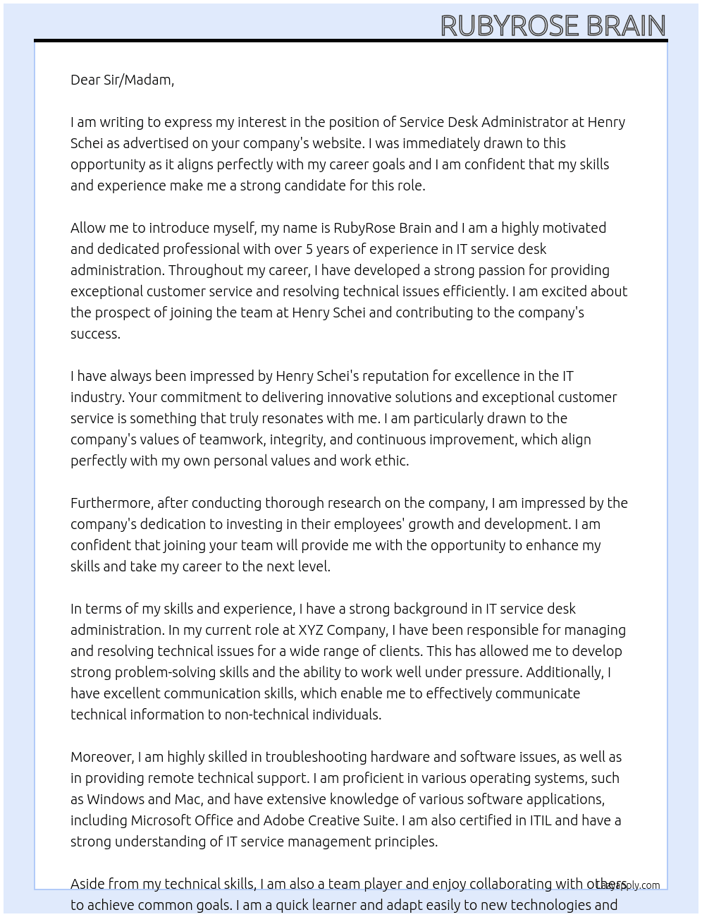 Service Desk Administrator At Henry Schei Cover Letter