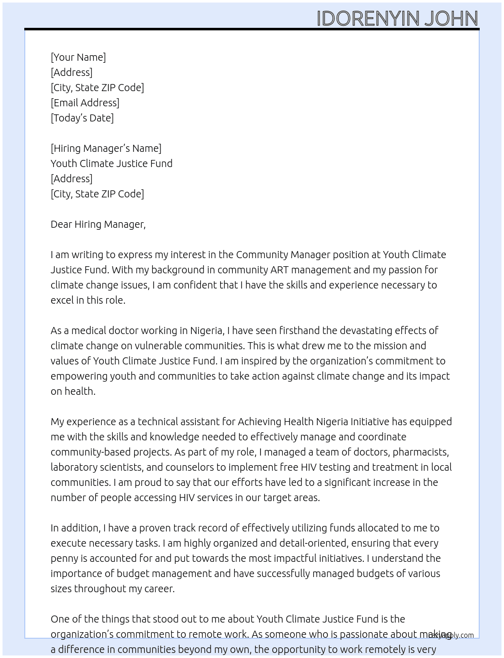 Community manager At Youth Climate Justice Fund Cover Letter