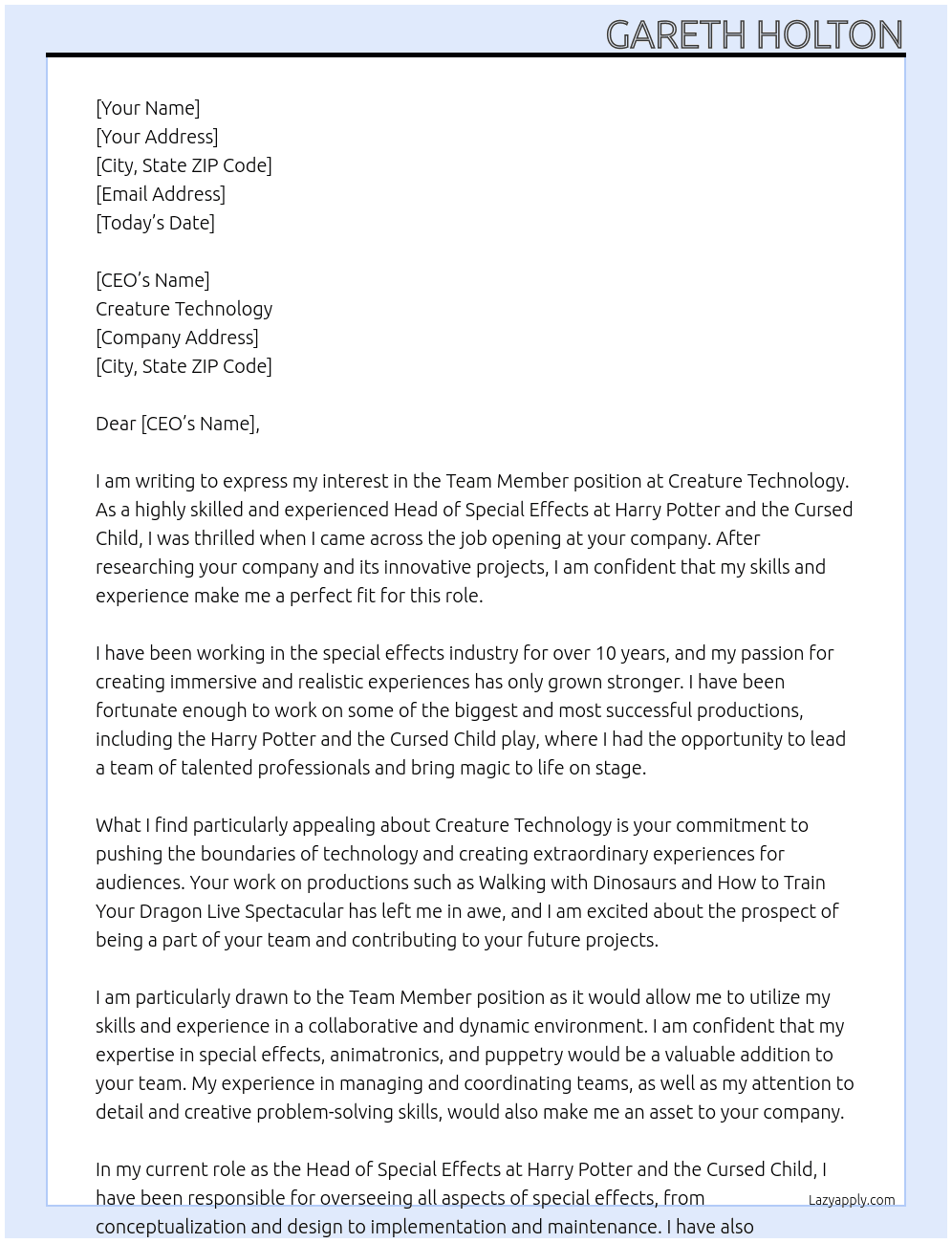Team Member At Creature Technology Cover Letter