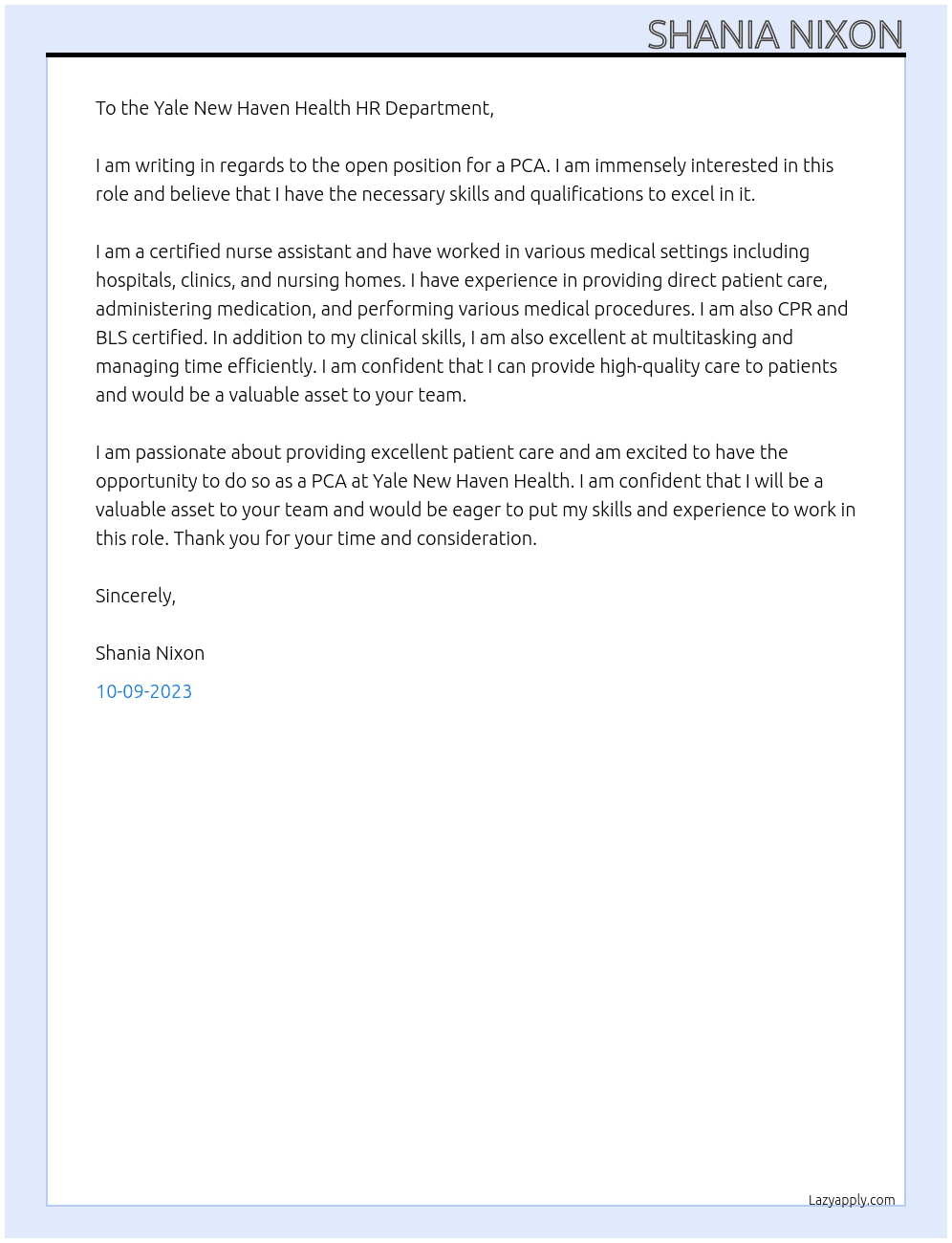 Pca At Yale New Haven health  Cover Letter