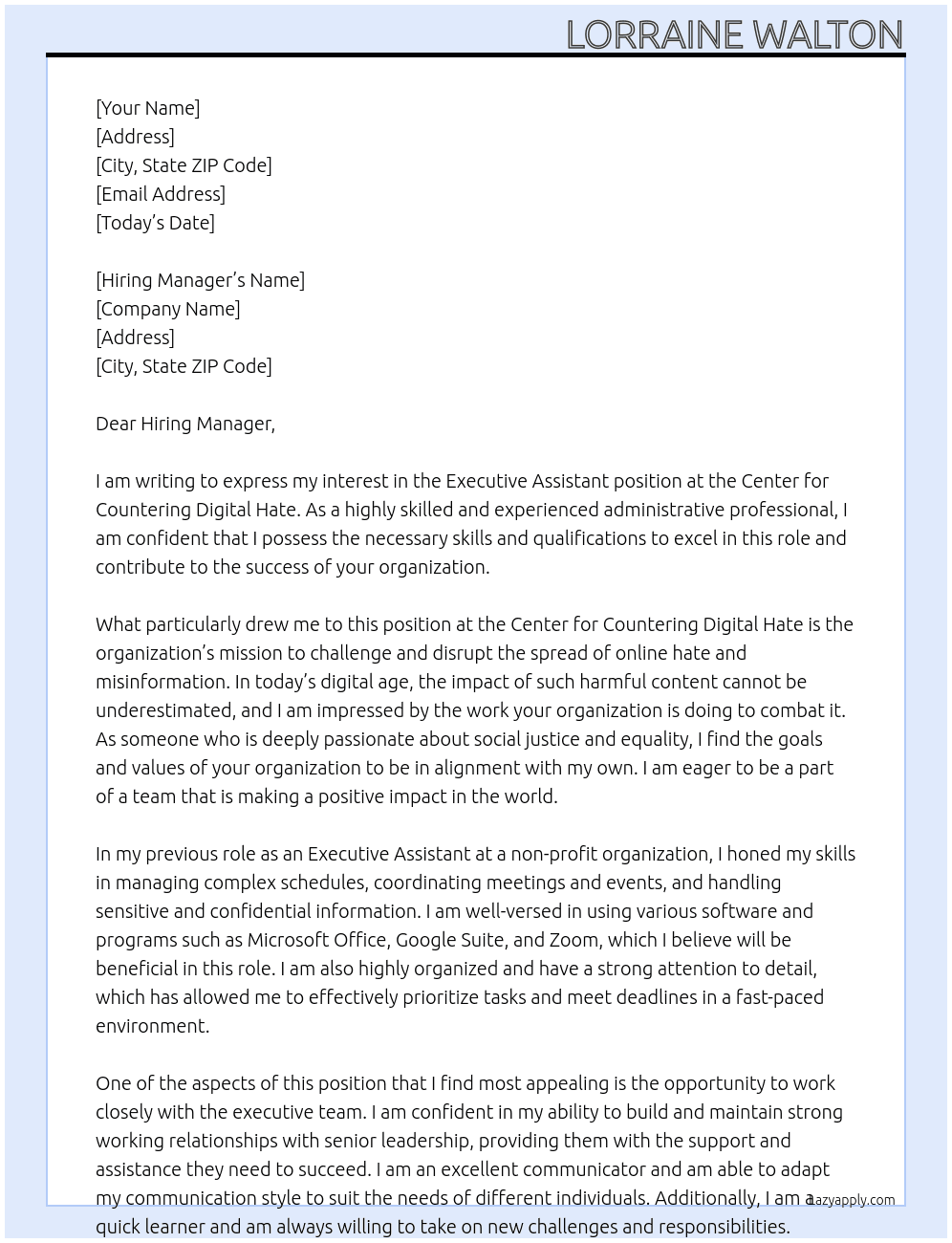 Executive Assistant At center for countering digital hate Cover Letter