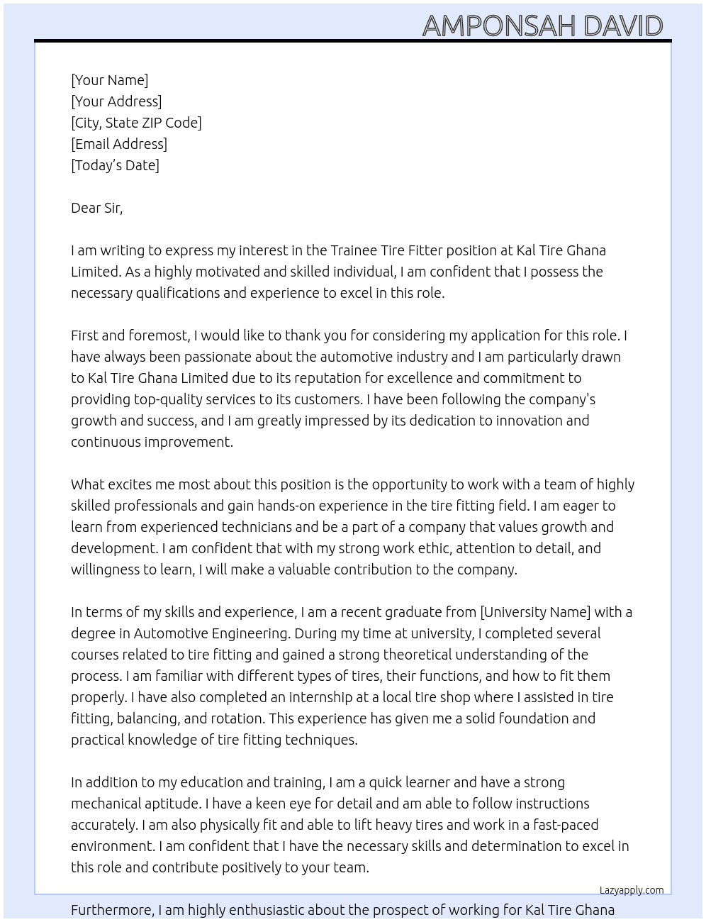 trainee tire fitter At KAL TIRE GHANA LIMITED Cover Letter