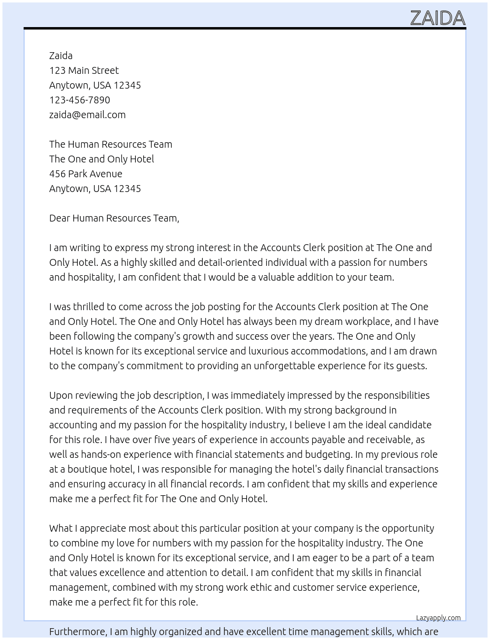 Accounts Clerk At The One and Only Hotel Cover Letter