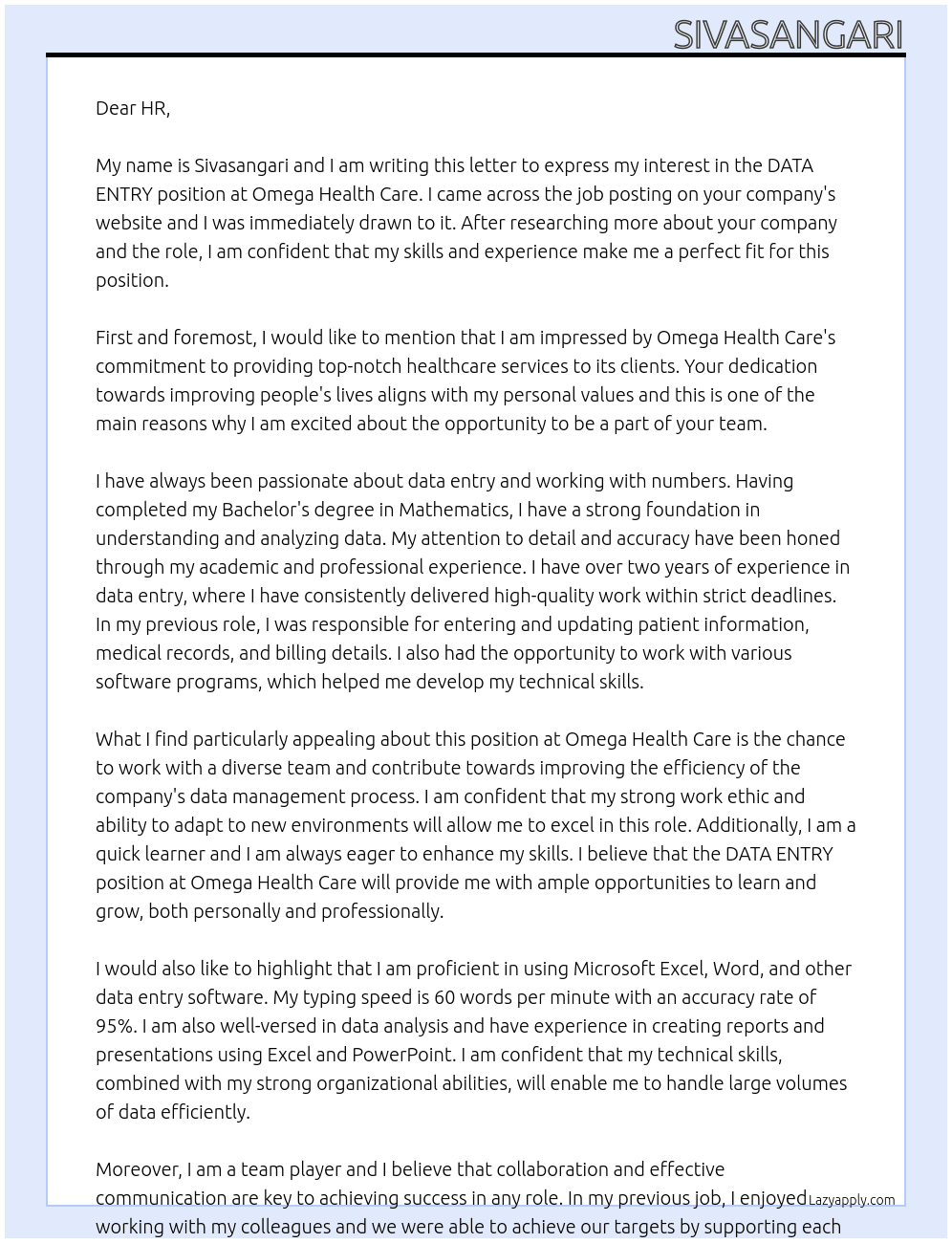 DATA ENTRY At OMEGA HEATH CARE Cover Letter