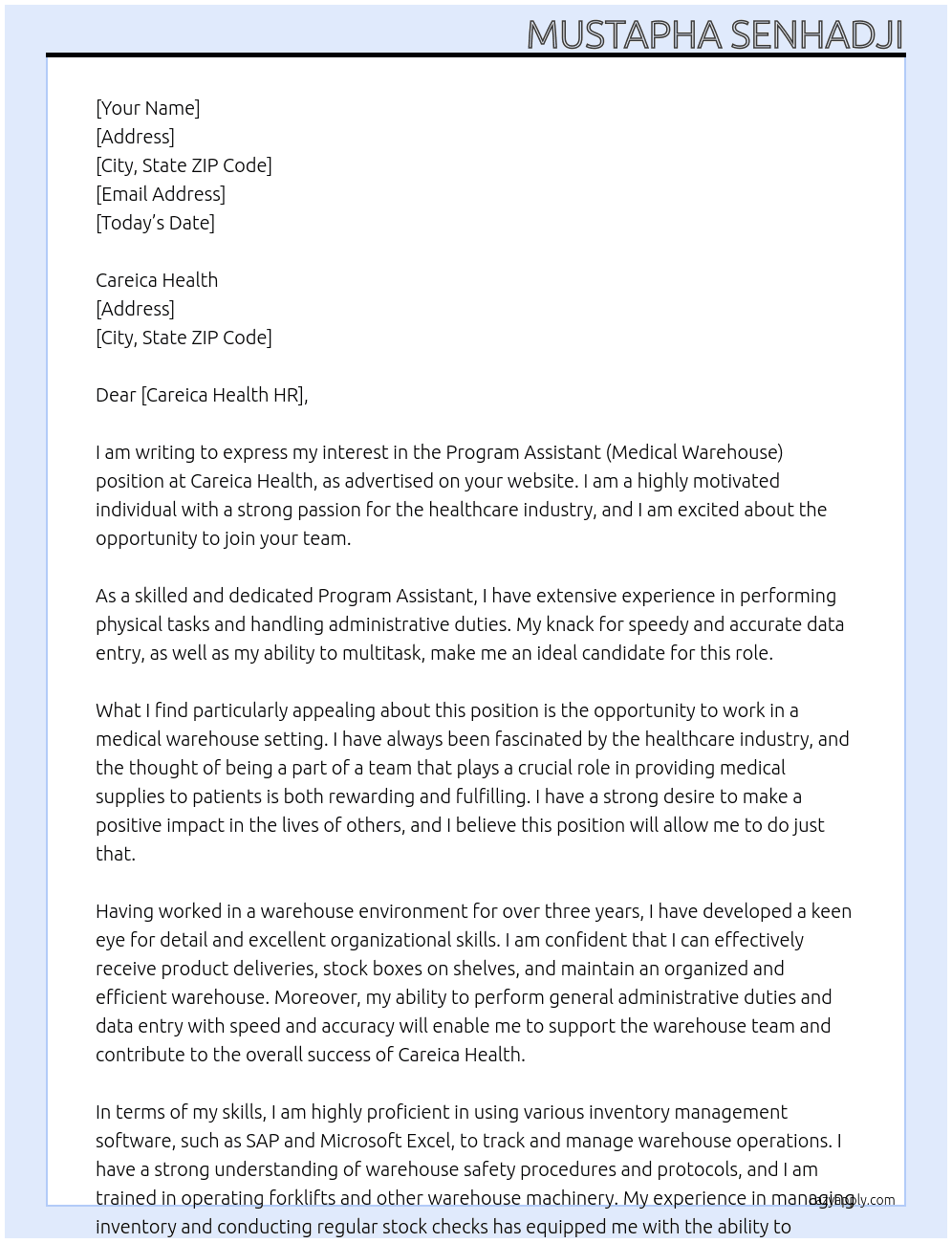 Program Assistant (medical warehouse) At Careica health Cover Letter