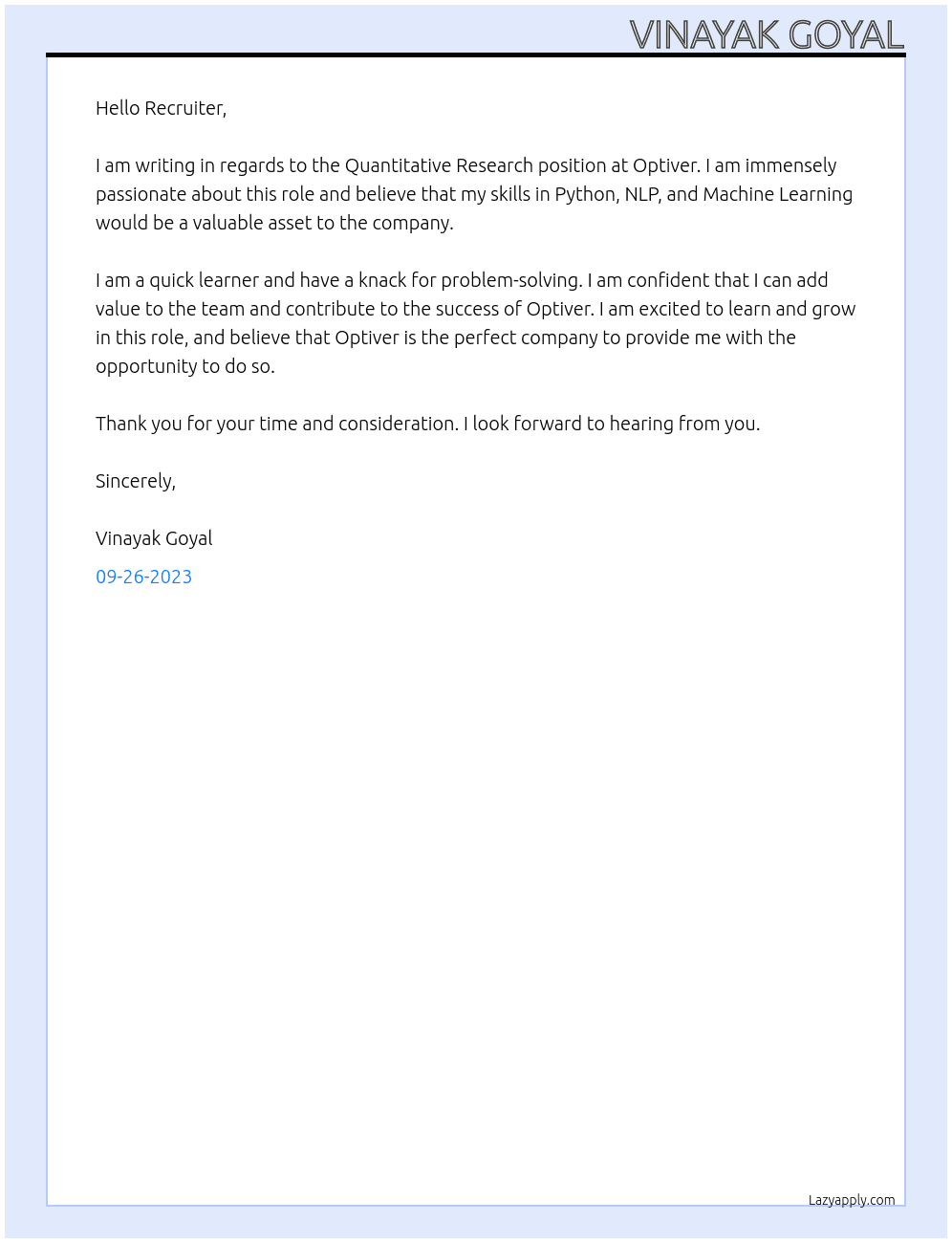 Quantitative Research  At Optiver Cover Letter