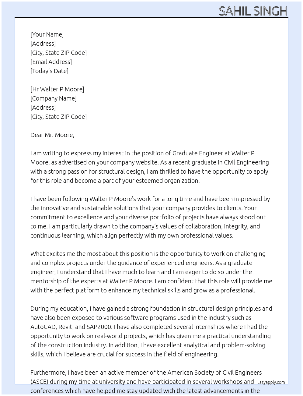 Graduate Engineer At Walter p moore Cover Letter