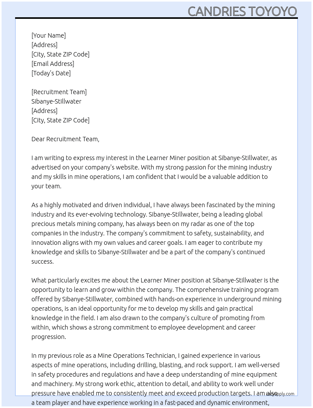 Learner Miner At Sibanye-Stillwater Cover Letter