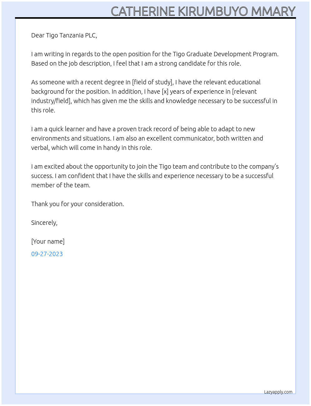 Tigo graduate development program  At Tigo Cover Letter