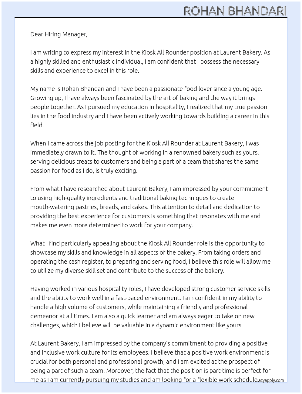 Kiosk All Rounder At Laurent Bakery Cover Letter
