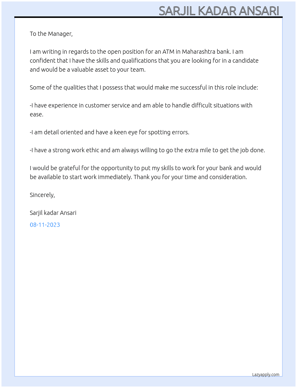 Maharashtra bank At For Atm Cover Letter