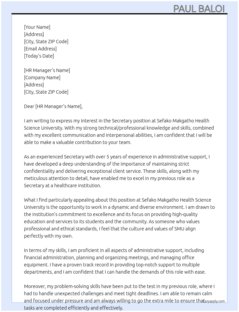 Secretary  At Sefako Makgatho Health Science University  Cover Letter