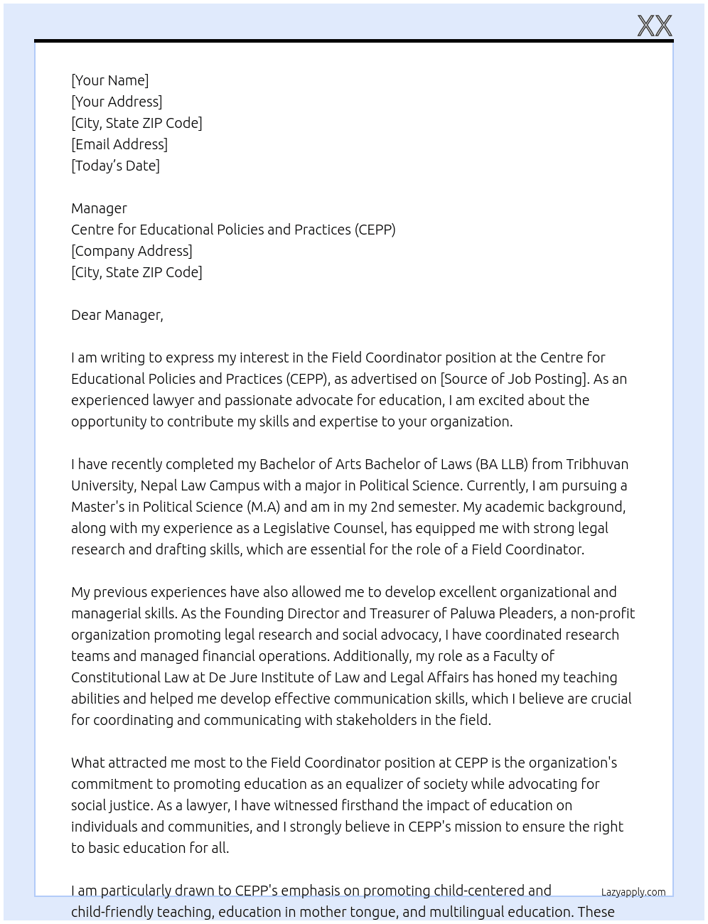 Field Coordinator At Centre for Educational Policies and Practices (CEPP) Cover Letter