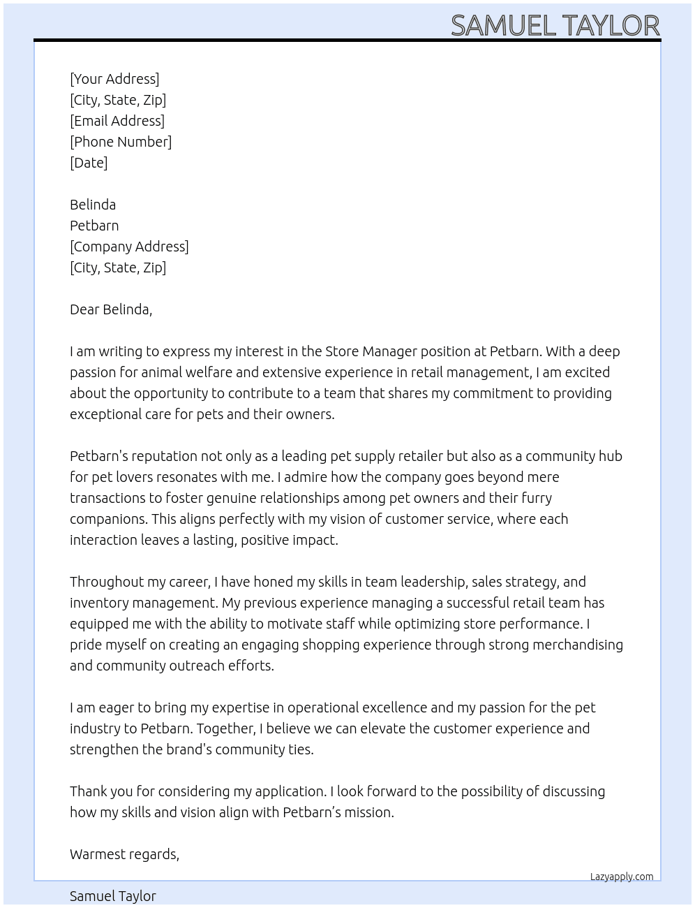 Store manager At Petbarn Cover Letter