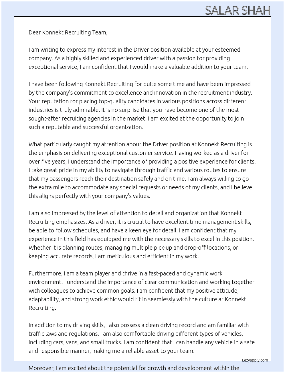 Driver At Konnekt recruiting  Cover Letter