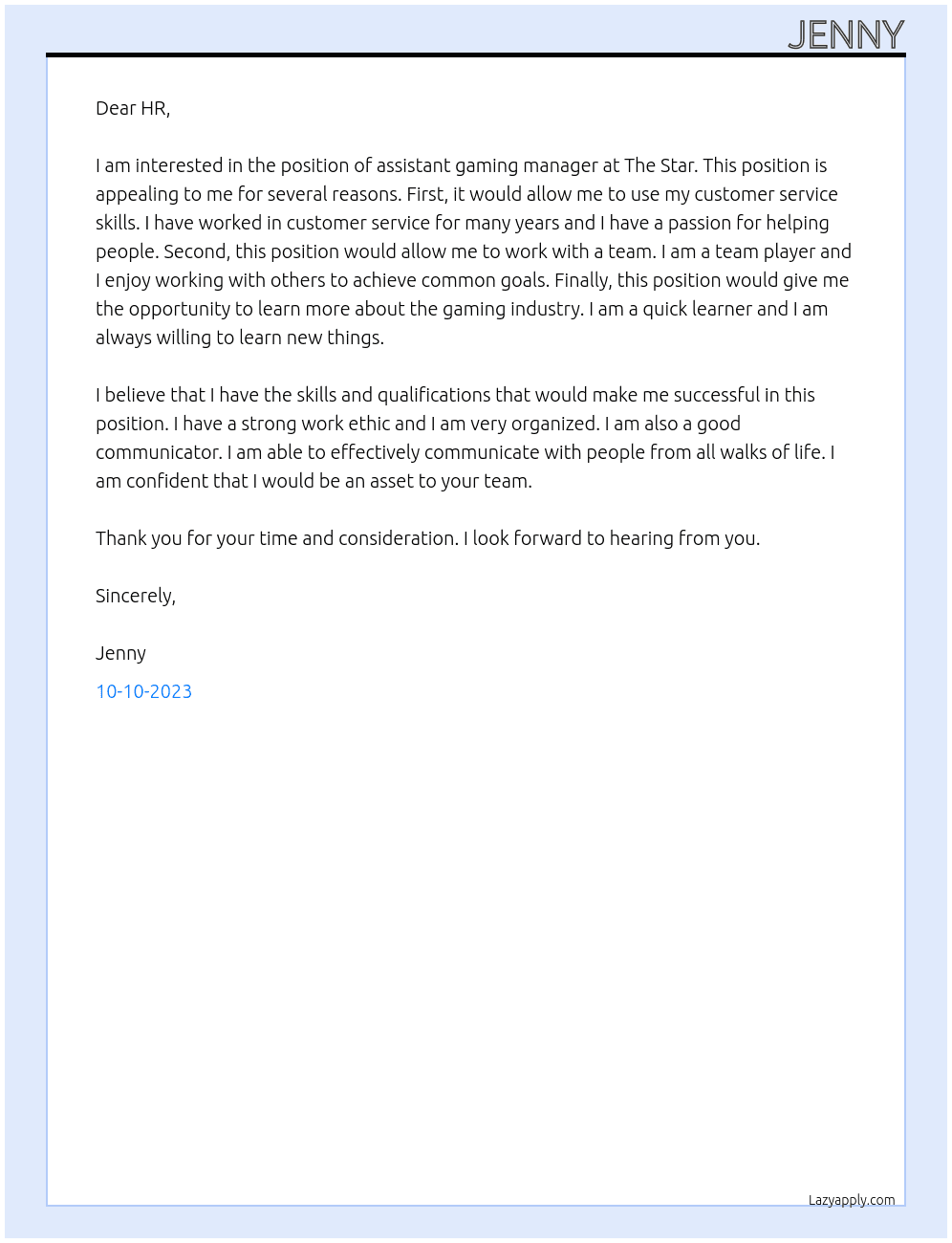 Assistant gaming manager  At The Star Cover Letter