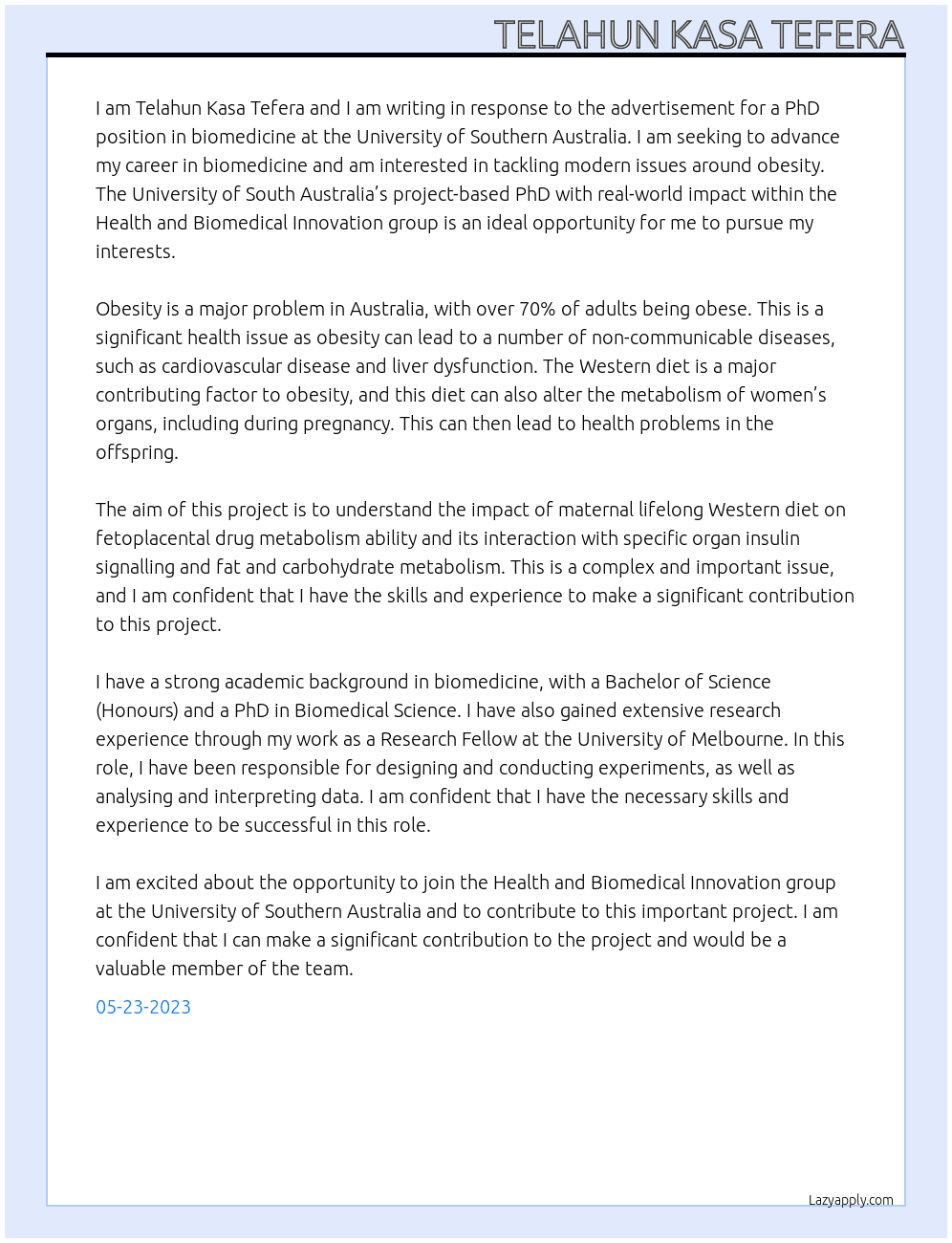 PhD in Research  At University of Southern Australia Cover Letter