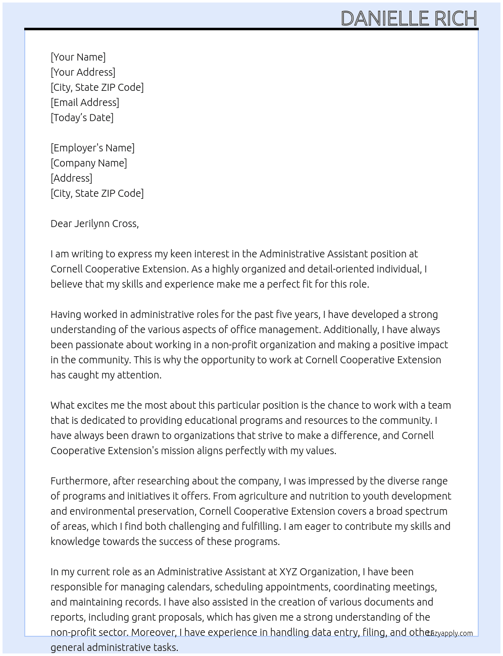 Administrative Assistant At Cornell Cooperative Extension Cover Letter