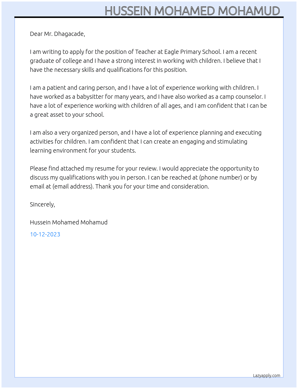 Teacher  At Eagle primary School  Cover Letter