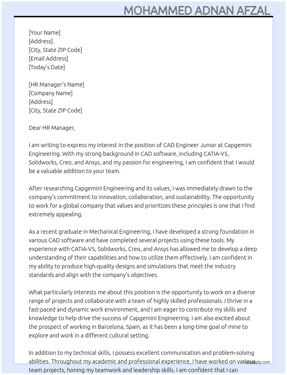 CAD Engineer Junior  At Capgemini Engineering  Cover Letter