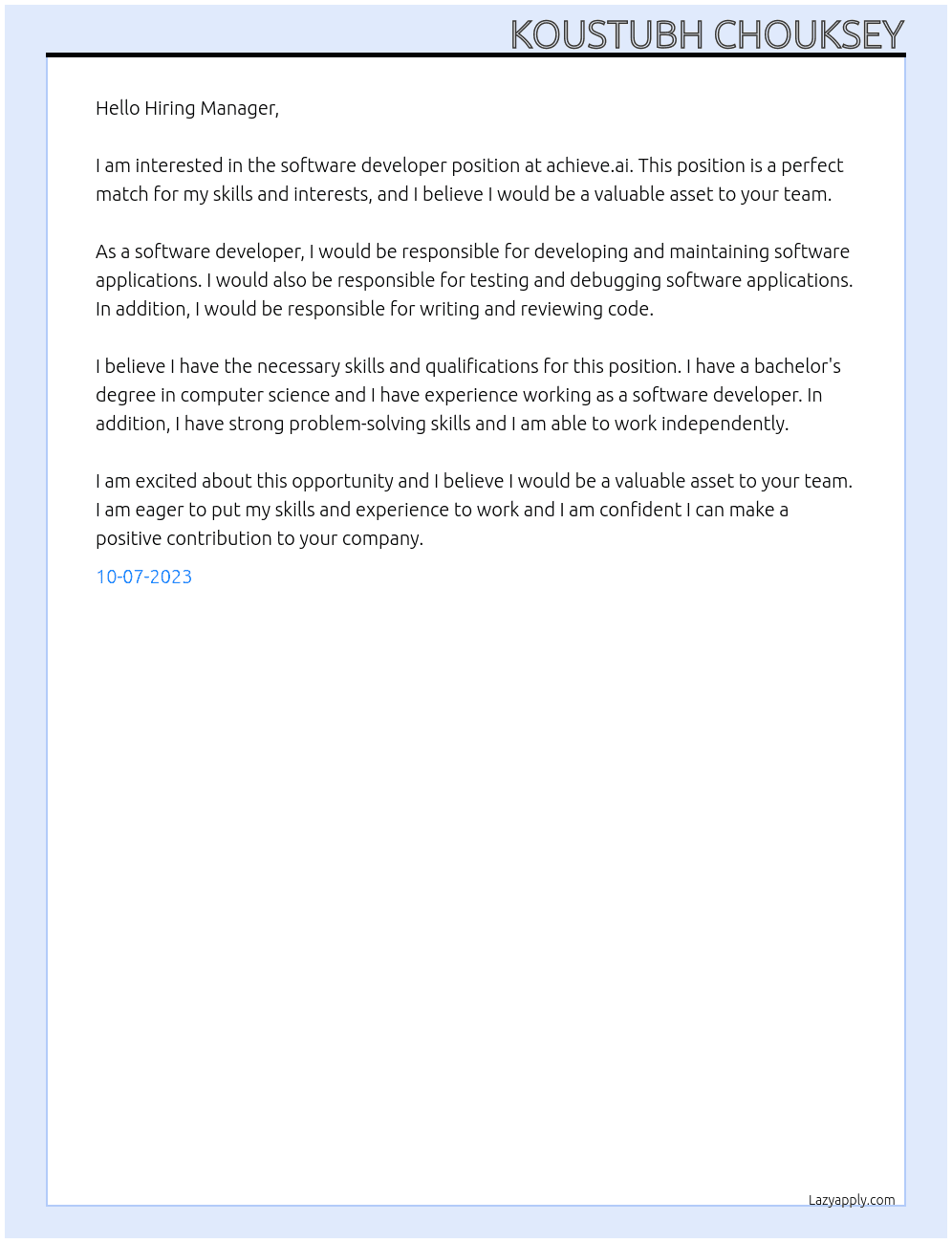 Software developer  At achieve.ai Cover Letter