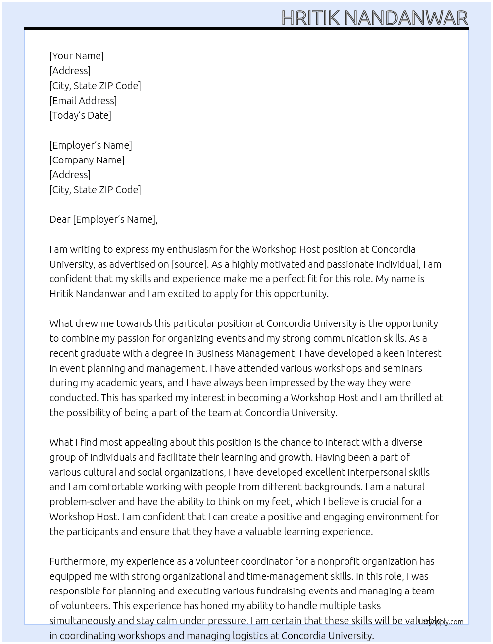 Workshop Host At Concordia University Cover Letter