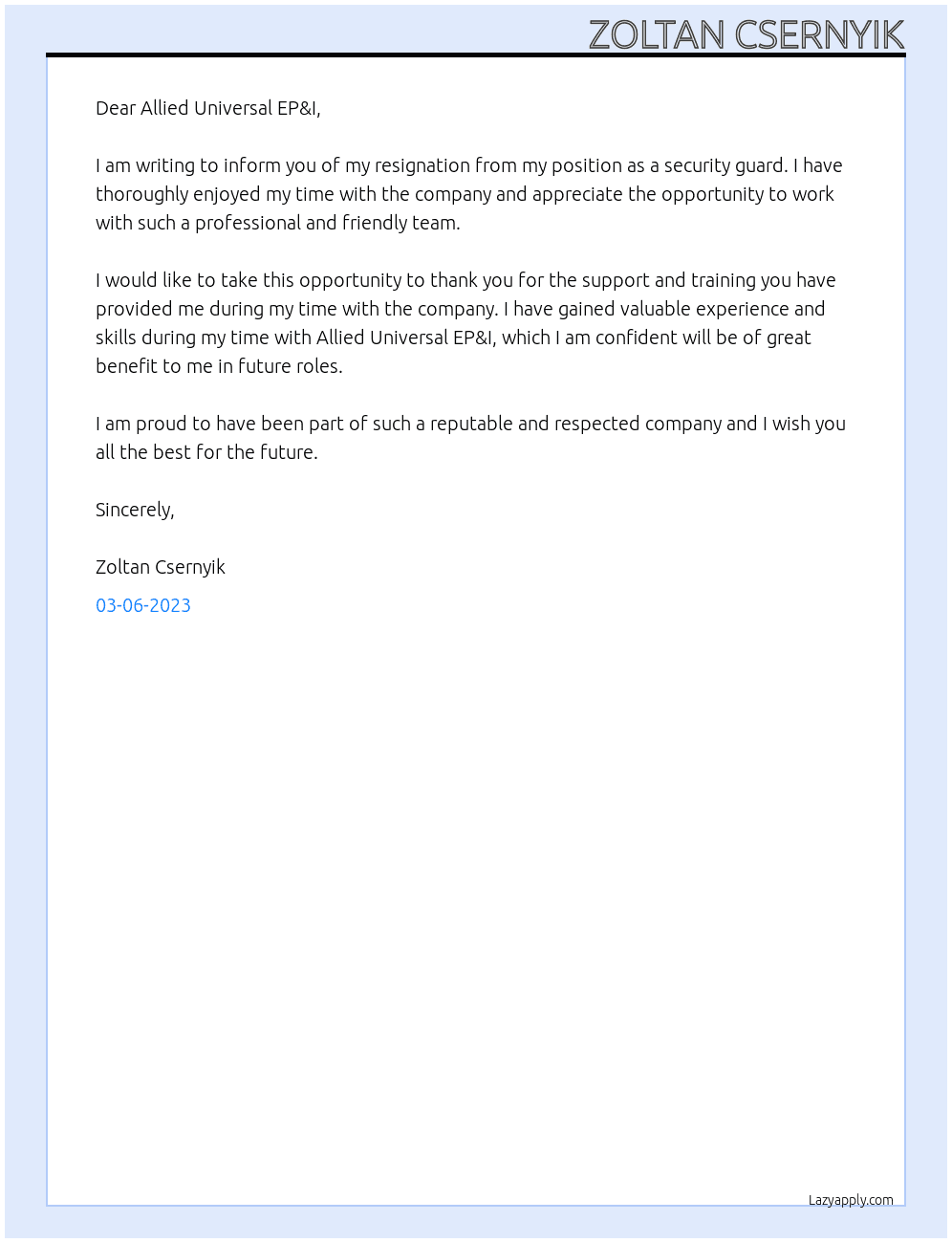 resignation At Allied Universal EP&I Cover Letter