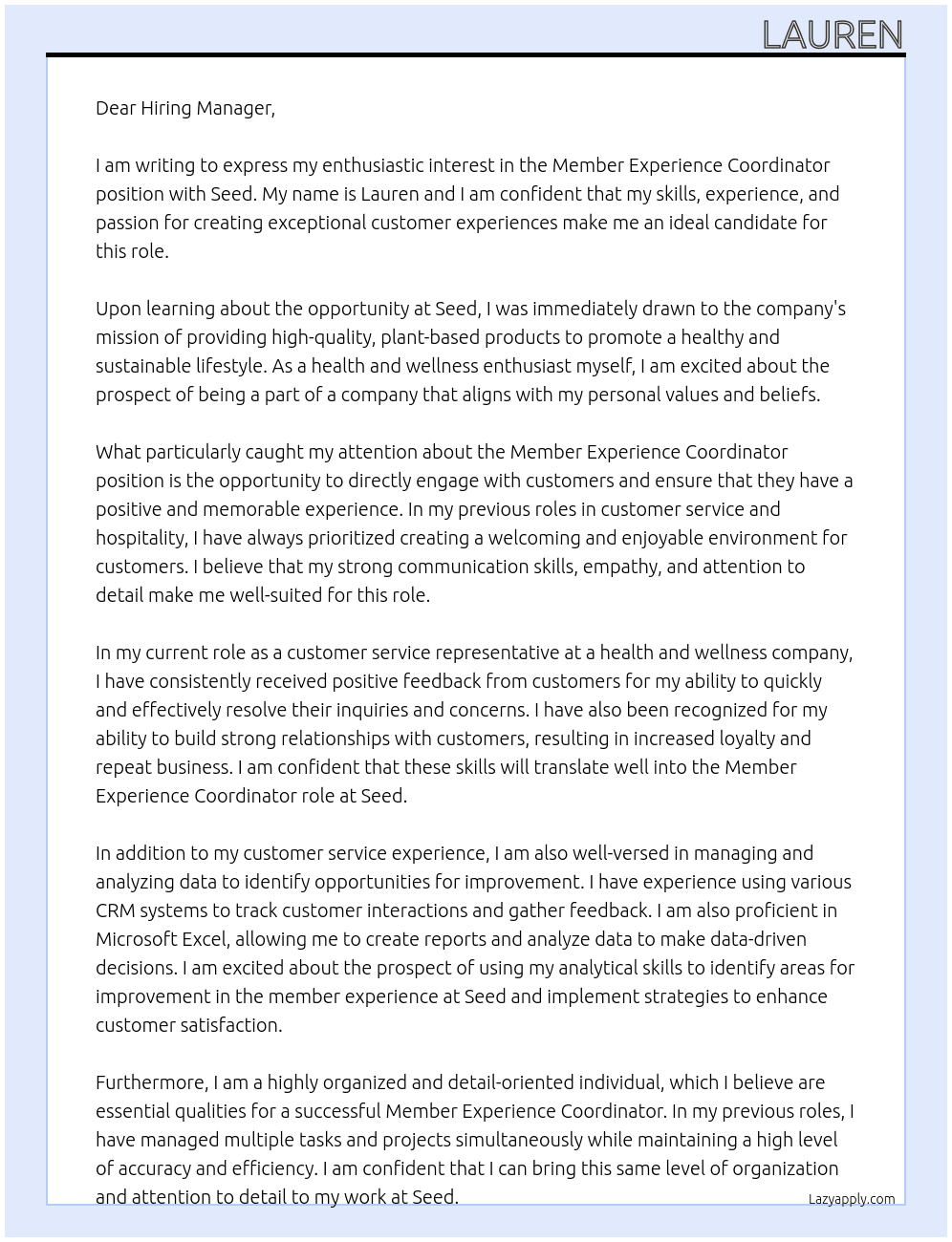 Member Expreience Coordinator At Seed Cover Letter