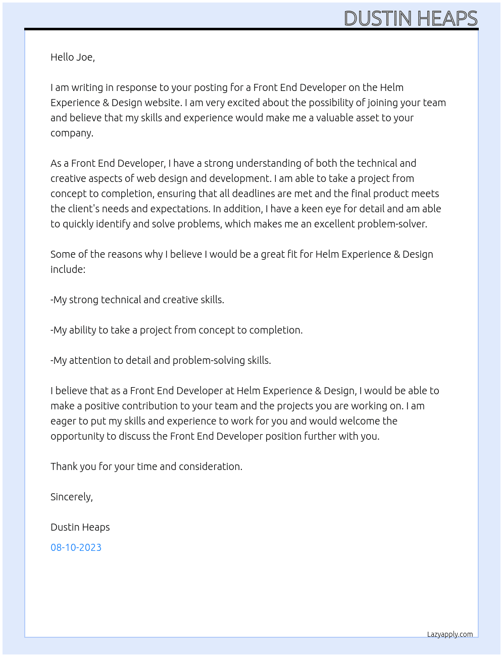 Front End Developer At Helm Experience & Design Cover Letter