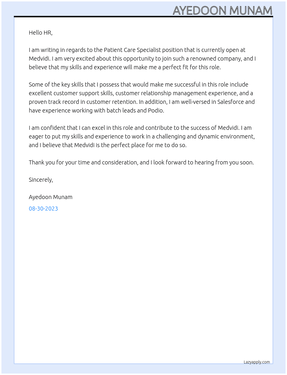 Patient Care Specialist At Medvidi Cover Letter