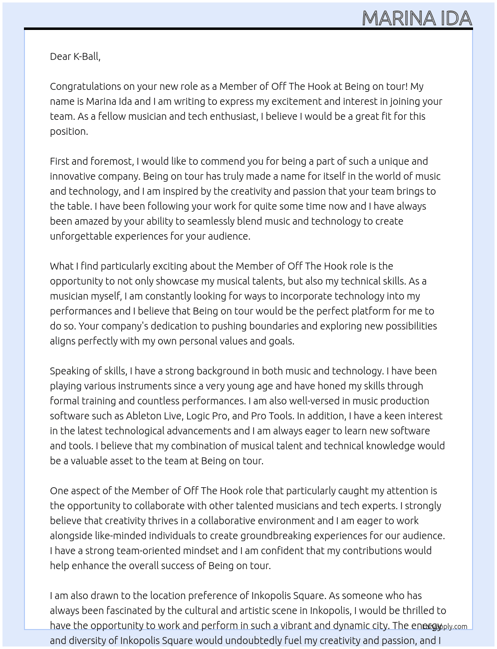 Member of Off The Hook At Being on tour Cover Letter