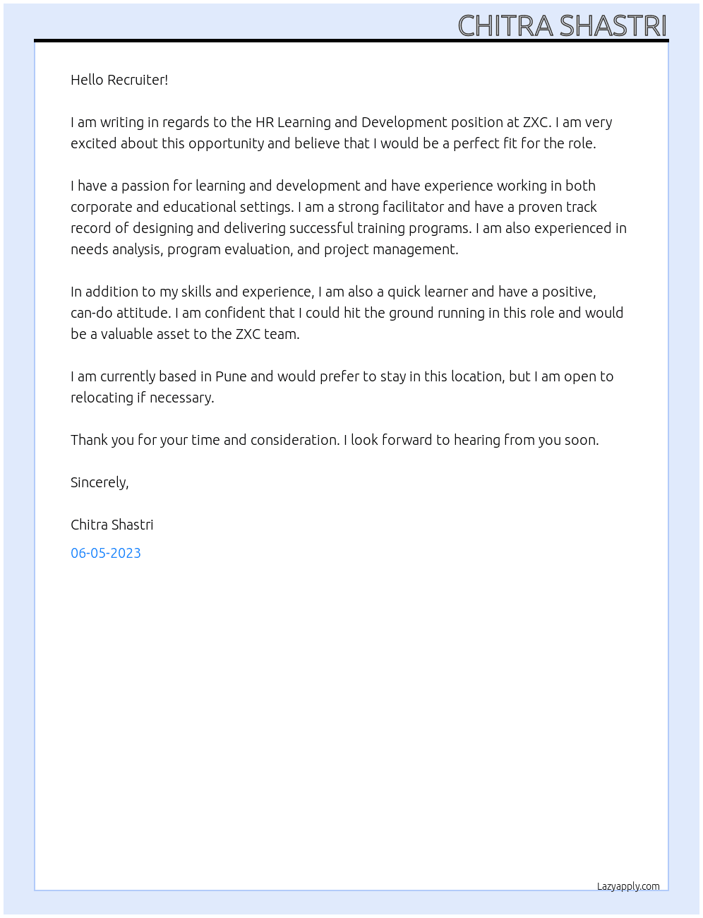 HR Learning and Development At ZXC Cover Letter