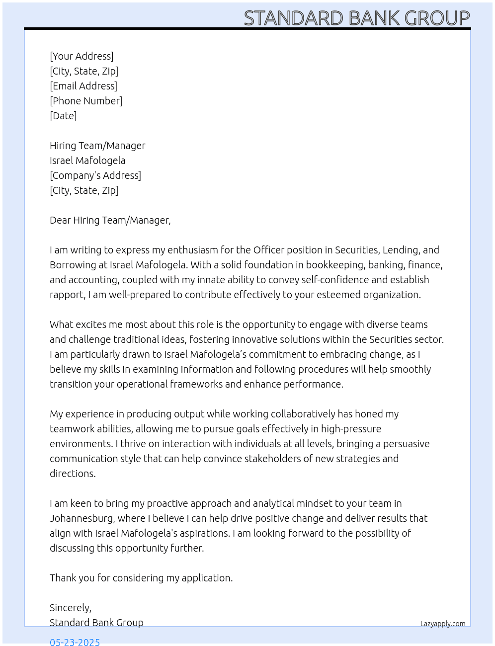 Officer, Securities,  Lending and Borrowing At Israel Mafologela Cover Letter