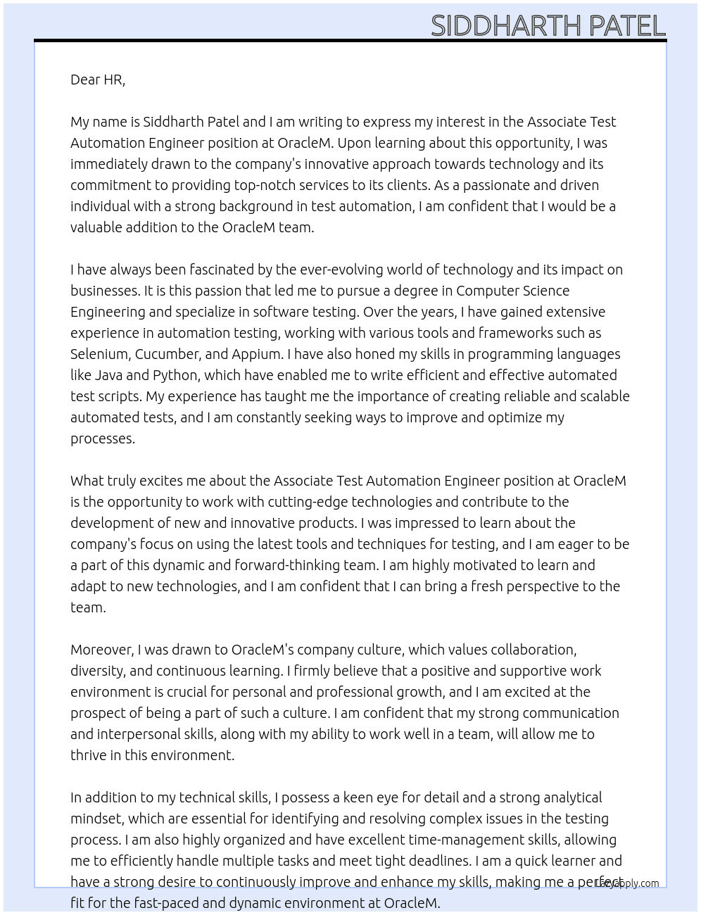 Associate Test Automation Engineer At OracleM Cover Letter