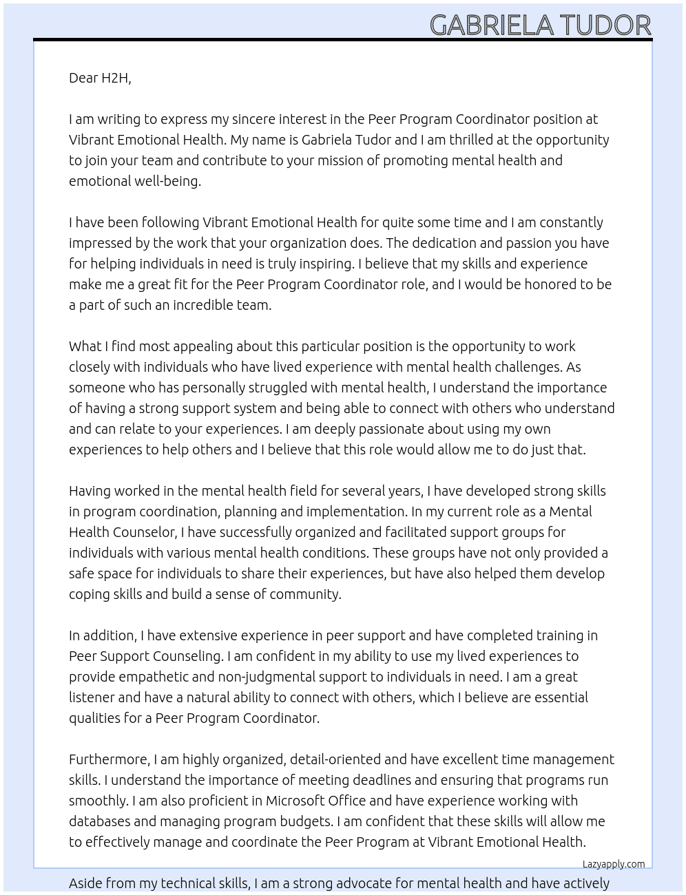 Peer Program Coordinator  At Vibrant Emotional Health Cover Letter