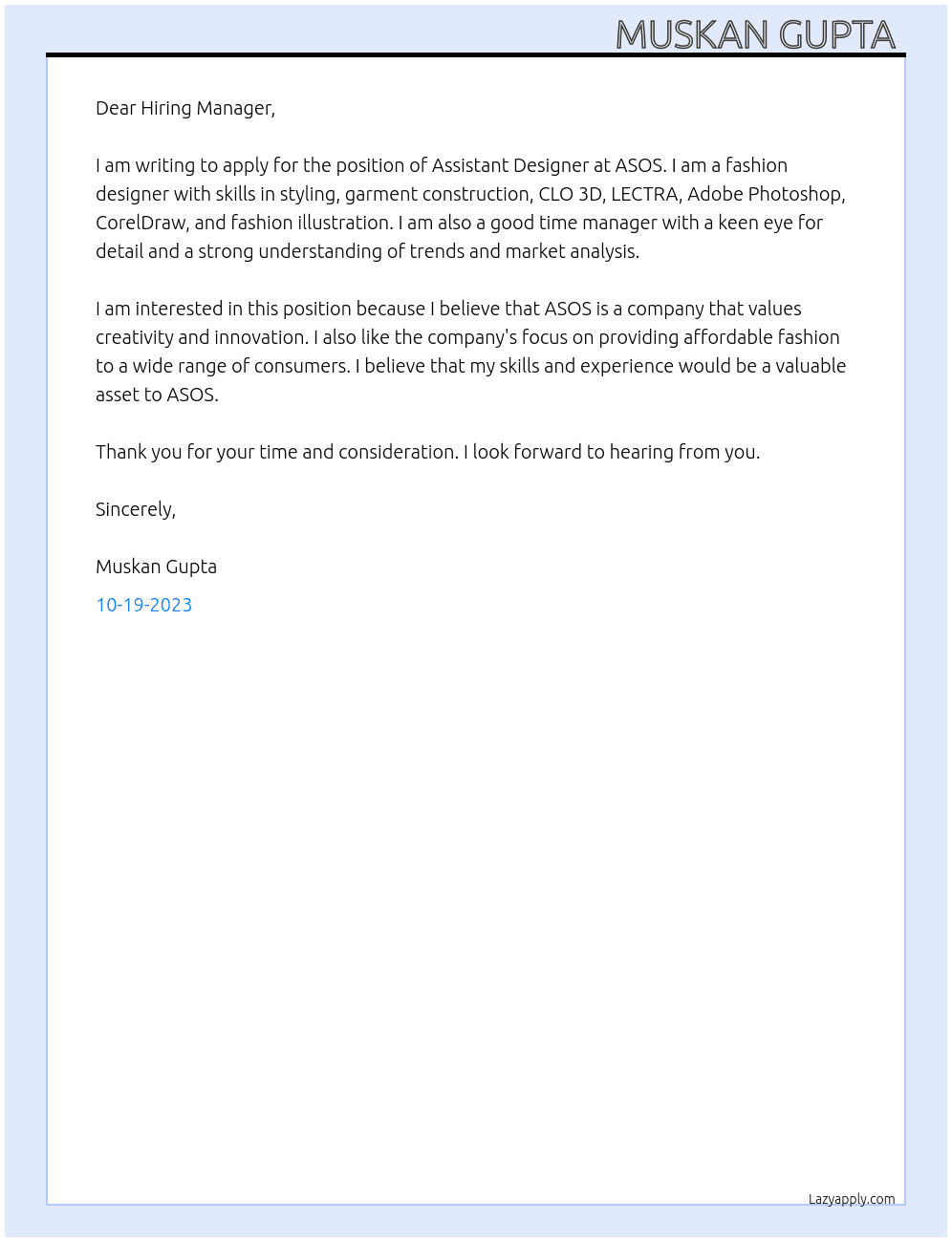 Assistant designer At ASOS  Cover Letter