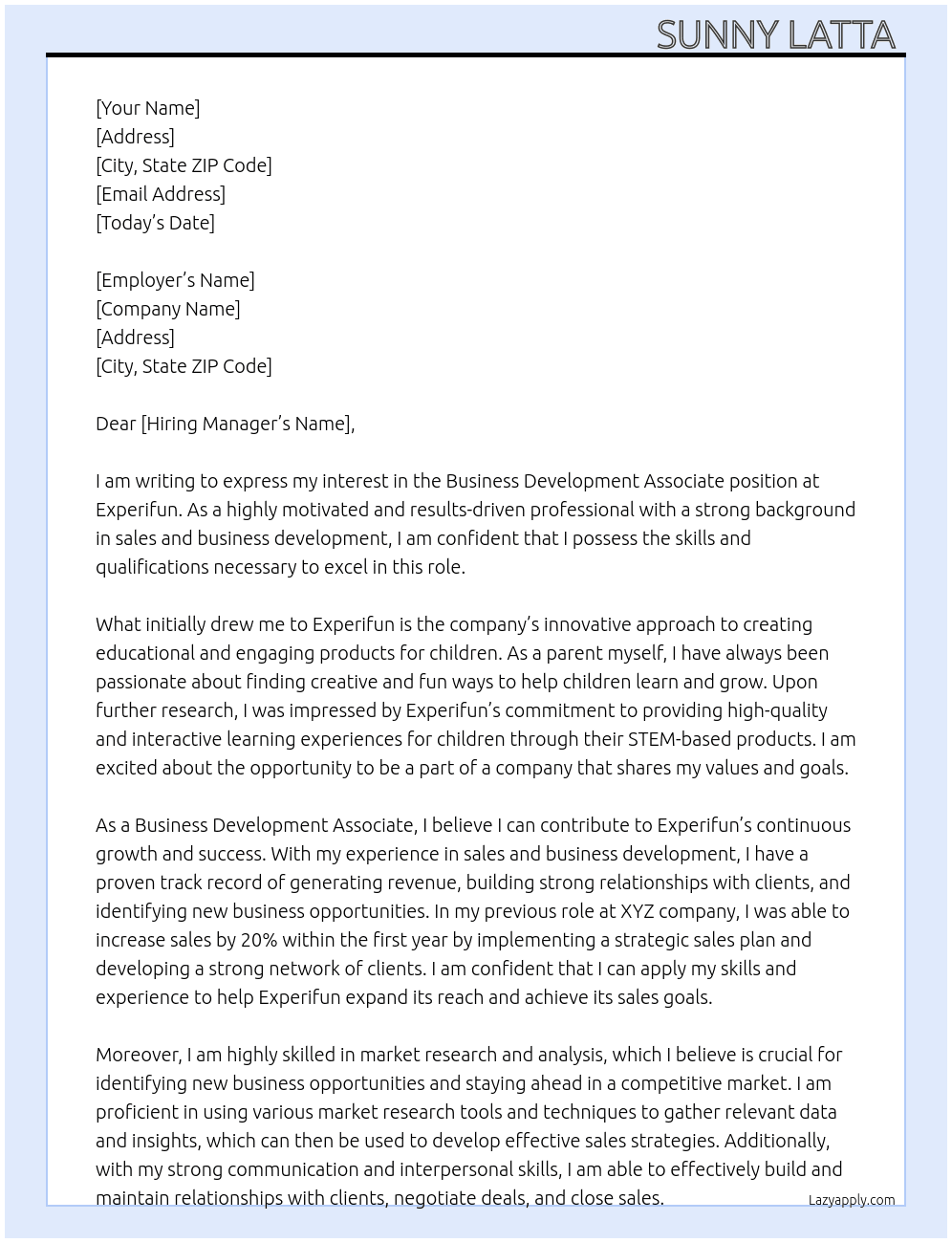 Business development associate  At Experifun Cover Letter