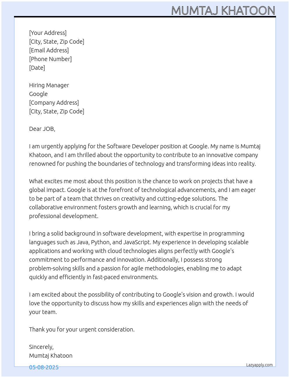 Software devloper At Google Cover Letter