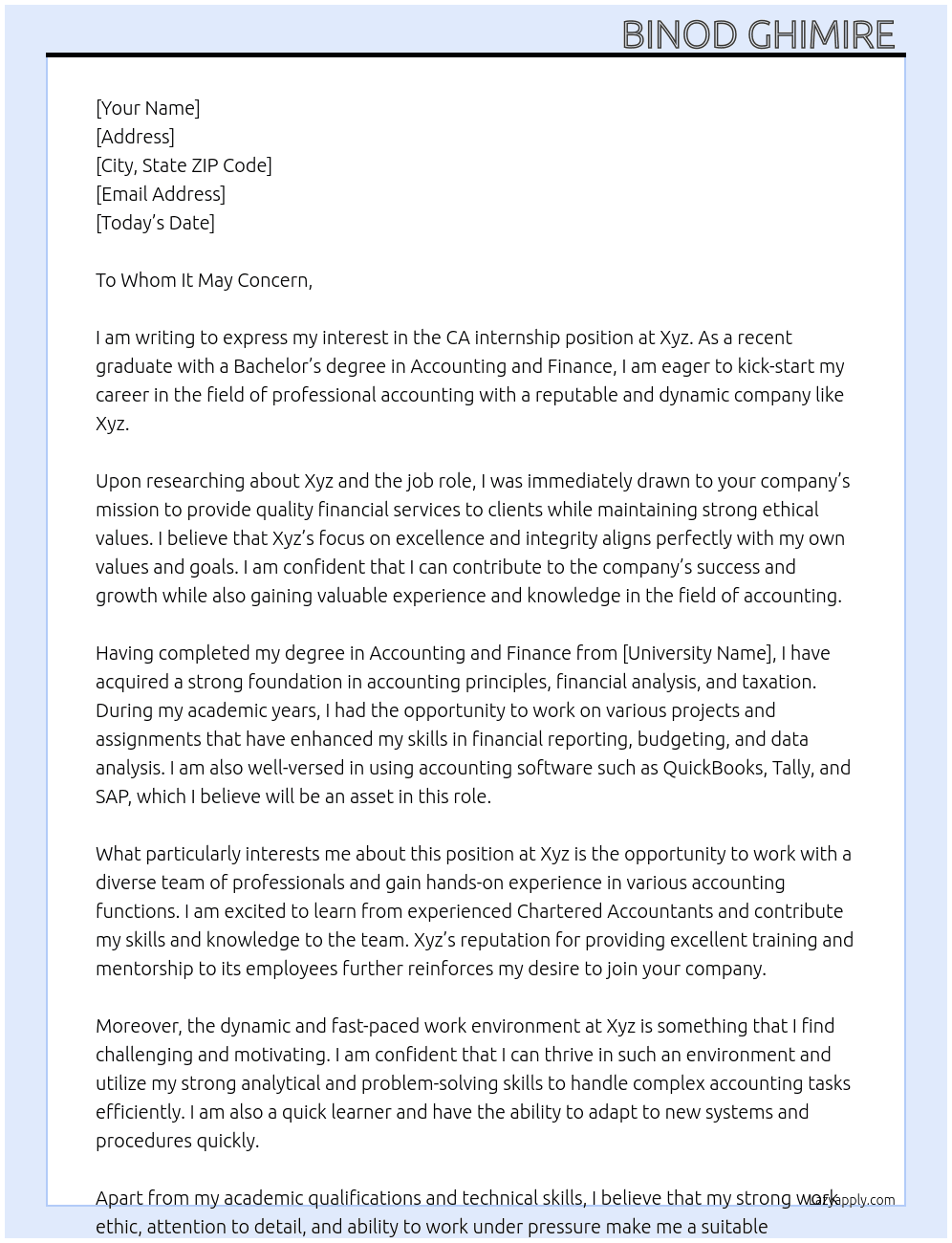 CA internship  At Xyz Cover Letter