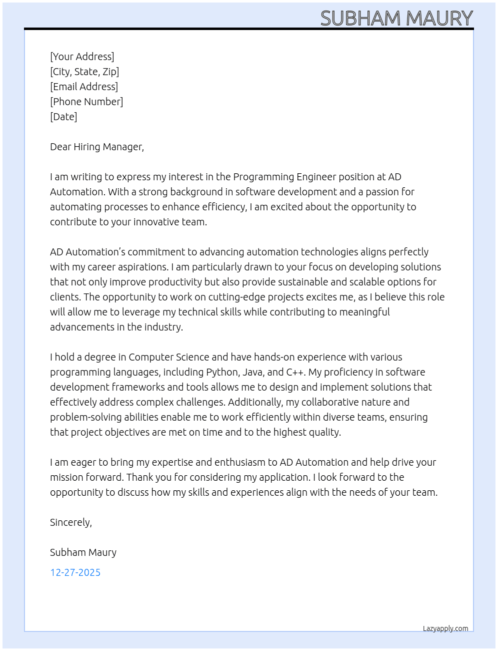 Programming Engineer  At AD Automation  Cover Letter