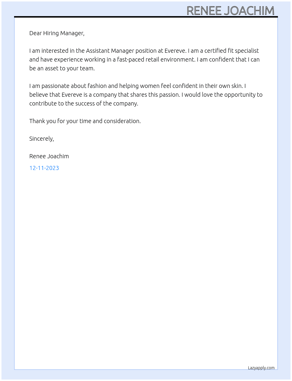 Assistant Manager  At Evereve Cover Letter