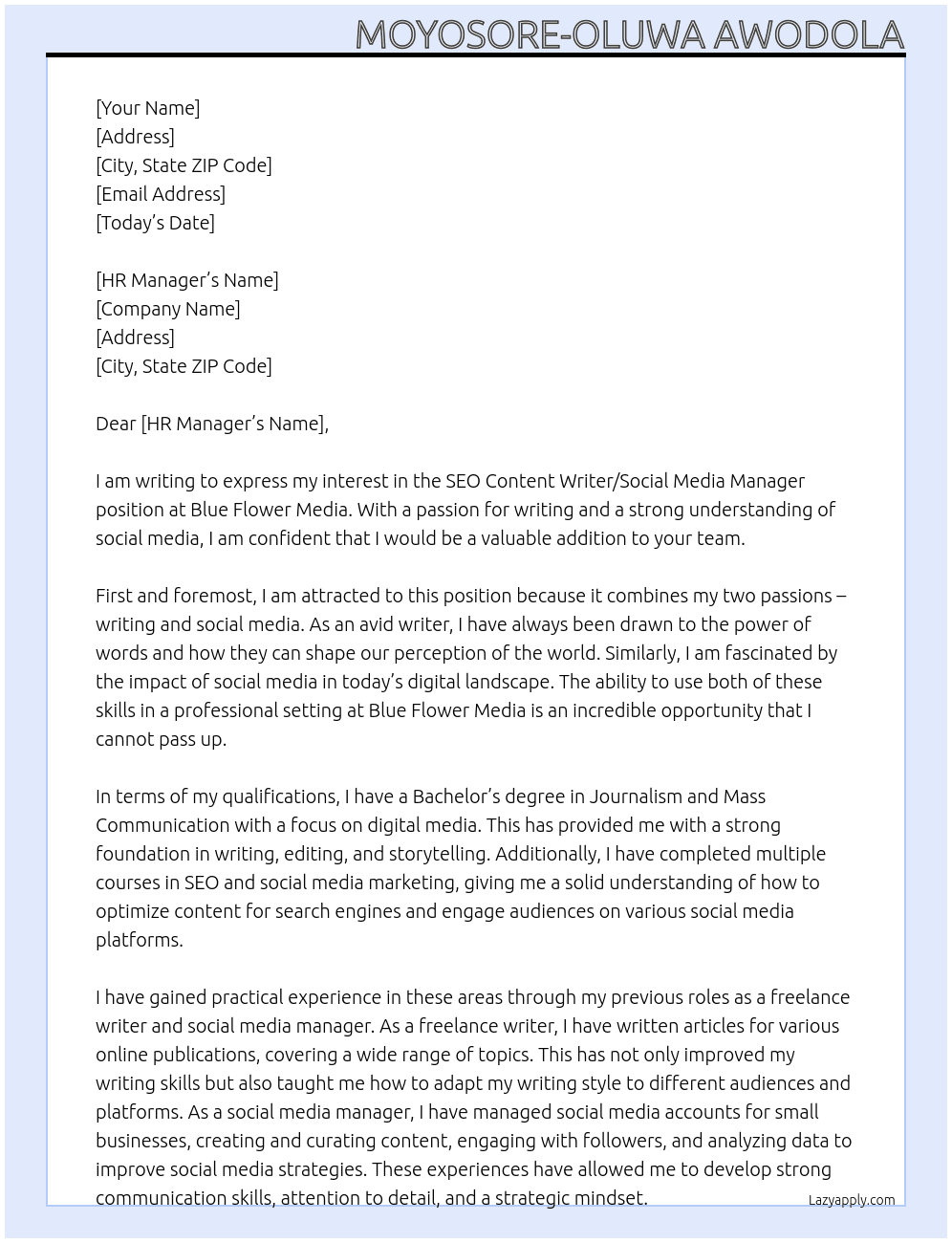 SEO Content Writer/Social Media Manager  At Blue Flower Media Cover Letter