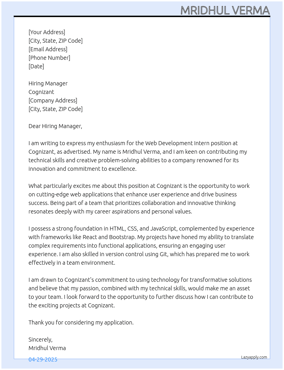Web Development Intern At Cognizant Cover Letter