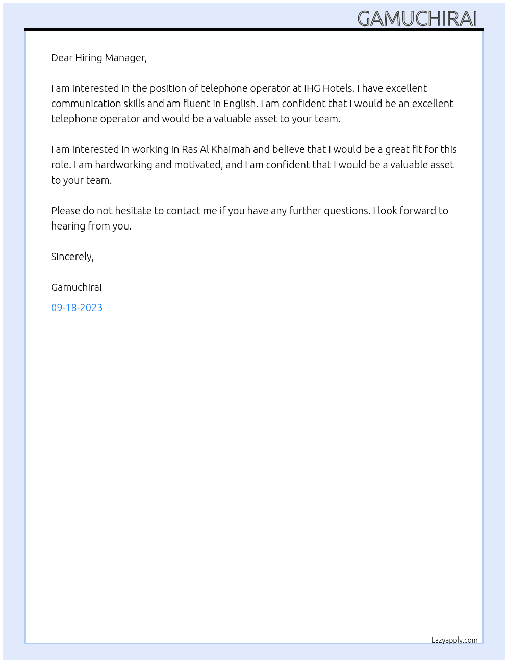 Telephone operator  At IHG Hotels Cover Letter