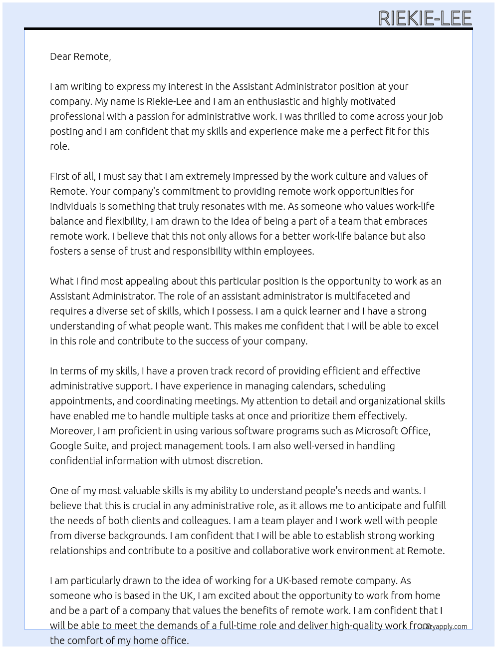 Assitant adminastator At Remote Cover Letter