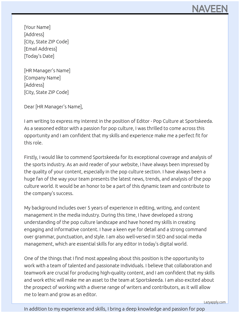 Editior - Pop Culture At Sportskeeda Cover Letter