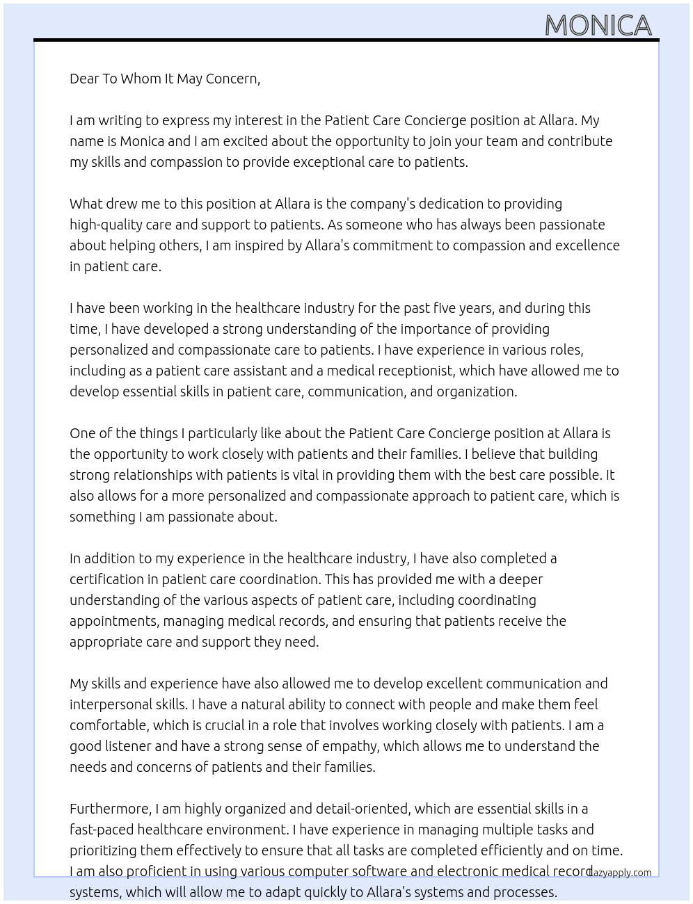 Patient Care Concierge  At Allara Cover Letter