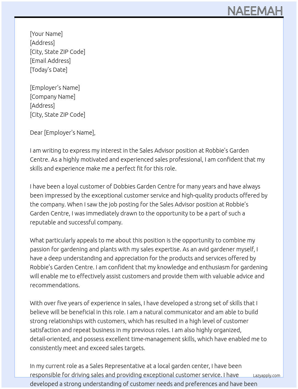 Sales advisor  At dobbies garden centre  Cover Letter