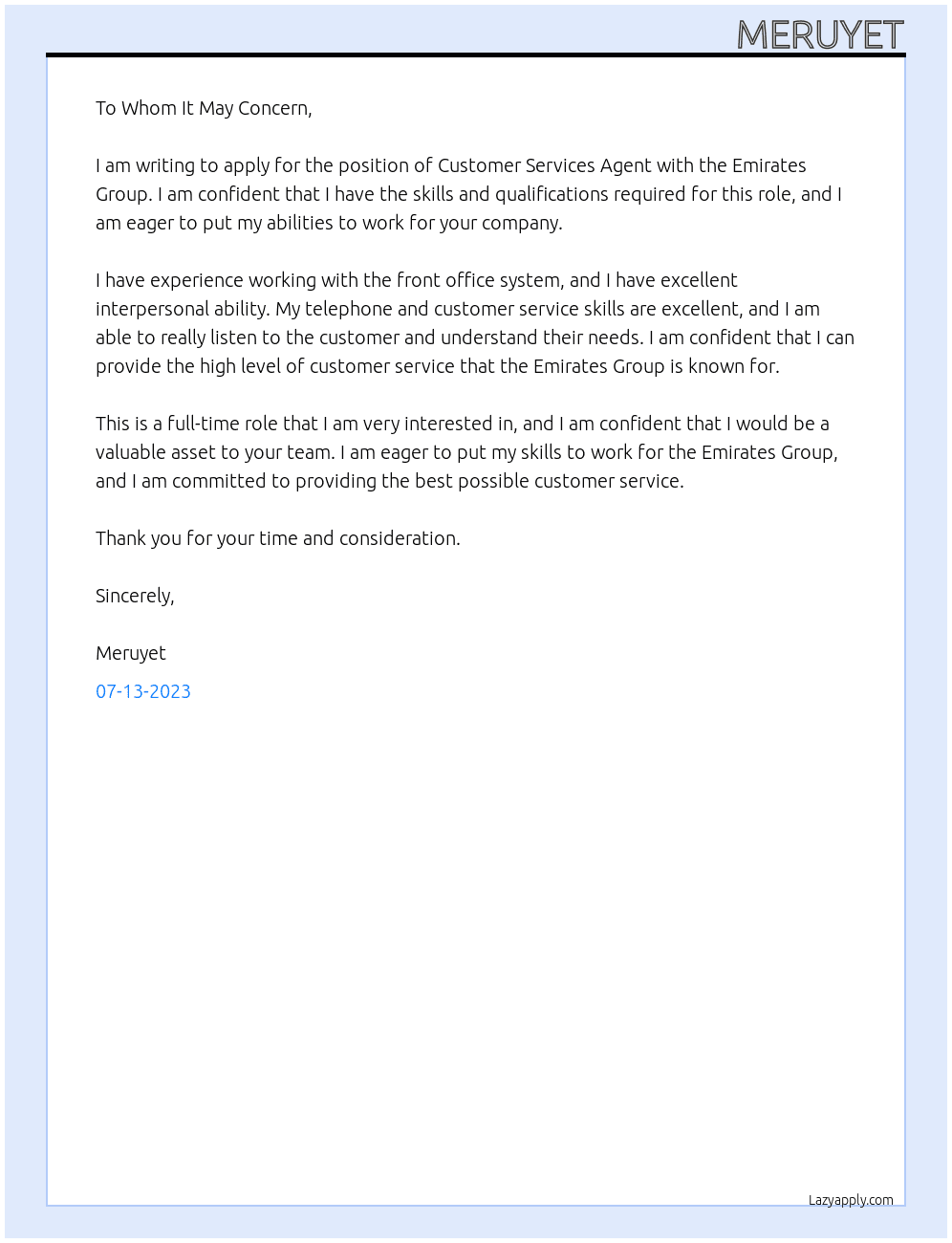 Customer Services Agent At the Emirates Group Cover Letter